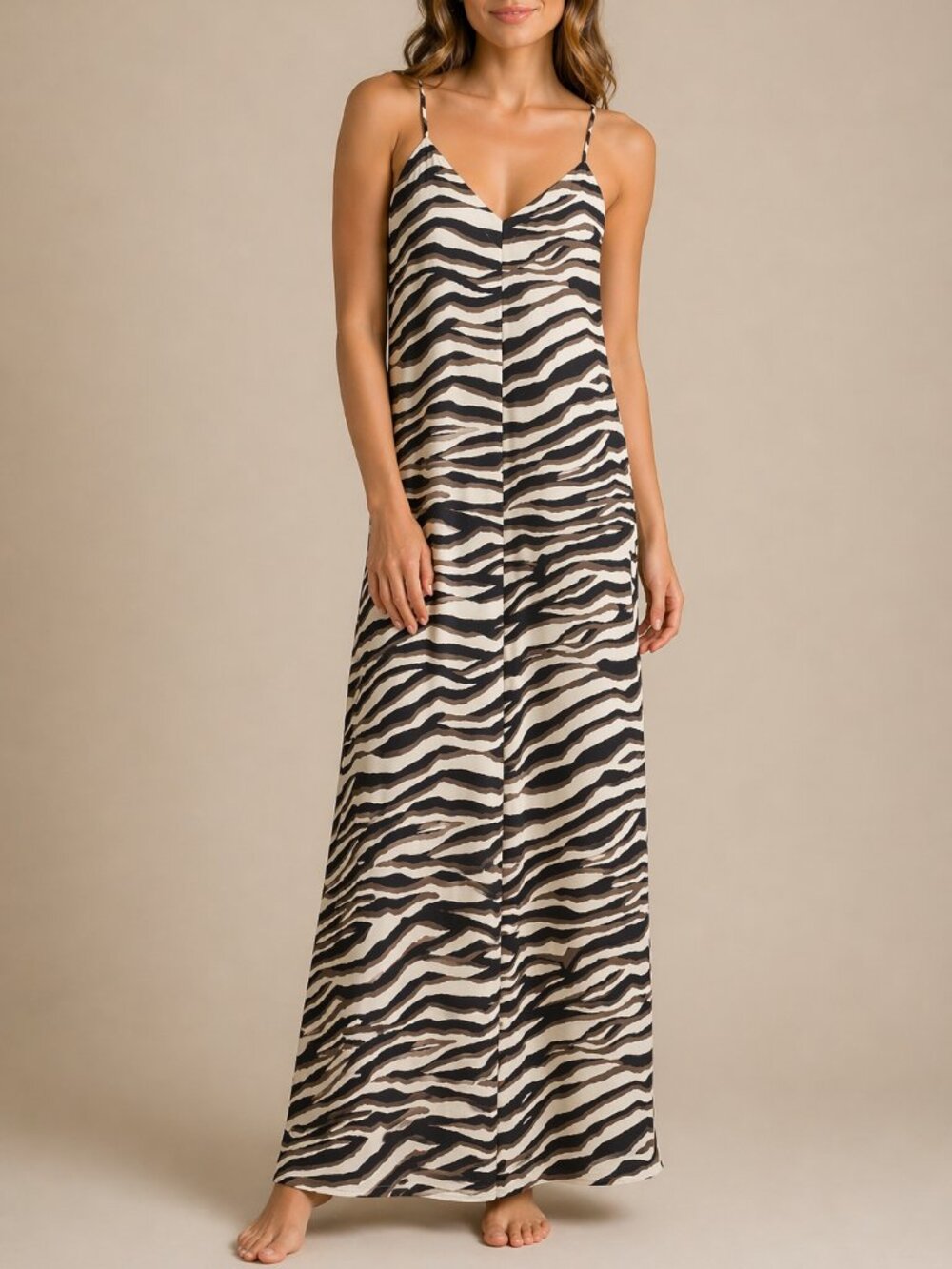 Banana Republic Zebra Print Satin Slip Dress Midi Cami Boho Chic Neutral M